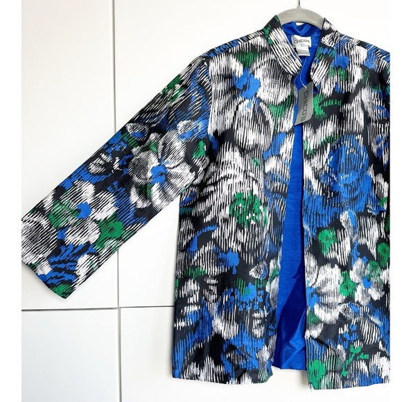 Chicos Silk Jacket Reversible Floral Blue Size 0 (Small) NWT 3/4 Sleeves - Picture 2 of 6